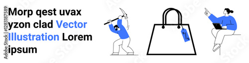 Worker with a pickaxe, tote bag with a price tag, and person pointing while holding a laptop. Ideal for shopping, retail, labor, decision-making, e-commerce, productivity flat landing page banner