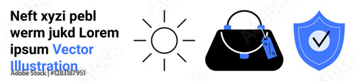 Sun shines brightly, handbag with blue tag indicates fashion and selling, shield with checkmark conveys trust and reliability. Ideal for retail, security, branding, shopping, travel, e-commerce flat