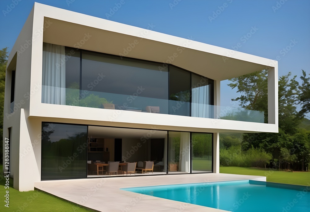 Fototapeta premium A Stunning Ultra-Modern Luxury Villa with a Spacious Outdoor Living Area, Floor-to-Ceiling Glass Walls, a Beautiful Infinity Swimming Pool, Lush Greenery, and an Open-Concept Design That Seamlessly Bl