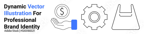 Hand holding coin, gear representing industry, and reusable shopping bag for modern business concepts. Ideal for finance, automation, eco-friendly practices, sustainability, branding, e-commerce