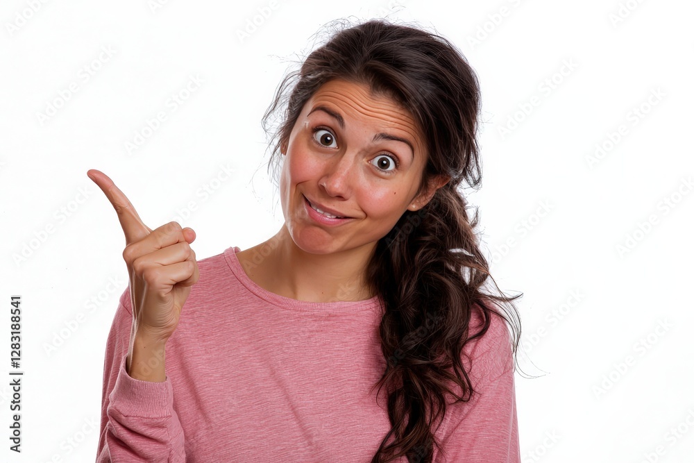 Excited woman pointing left looking enthusiastic making a fun suggestion isolated on white background Excited woman pointing left looking enthusiastic making a fun suggestion isolated on white background