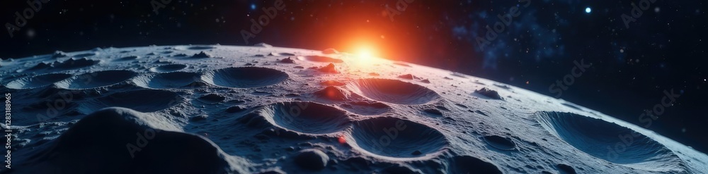 Fototapeta premium A bright light shines on a cratered moon surface, focus, illumination