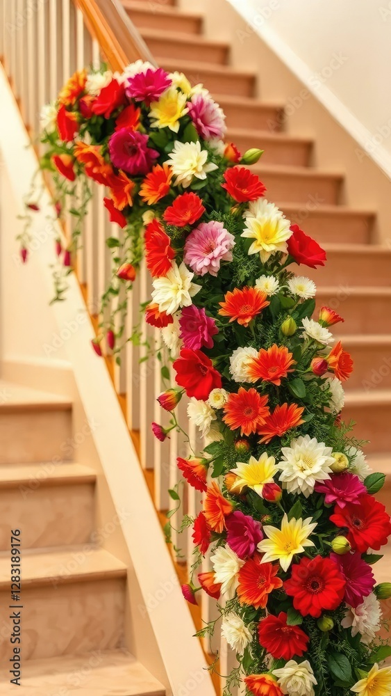Fototapeta premium A garland of fresh flowers on a staircase railing, festive, decoration, seasonal