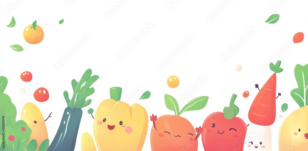 Playful Cartoon Vegetables and Fruits on White Background Playful Cartoon Vegetables and Fruits on White Background