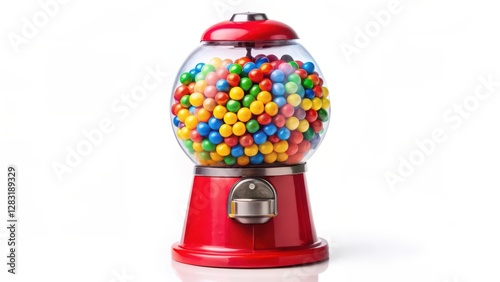 Red Gumball Machine with Colorful Gumballs on White Background