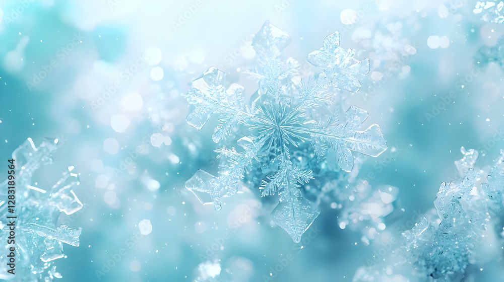 Beautiful close-up image of intricate snowflakes on icy backdrop Beautiful close-up image of intricate snowflakes on icy backdrop
