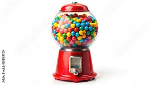Red Gumball Machine with Colorful Gumballs on White Background