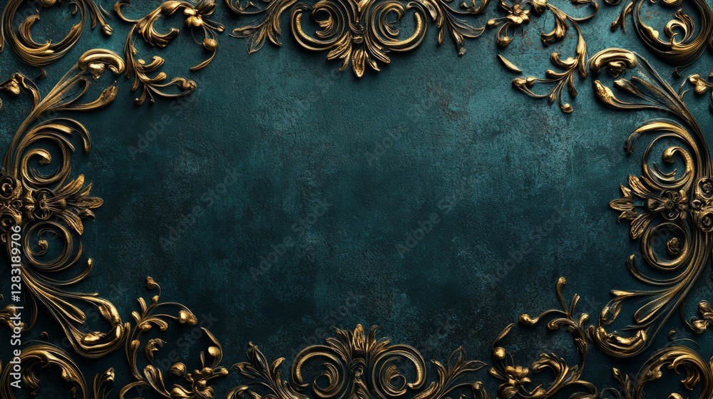 Golden Flourish Frame On Teal. Golden Flourish Frame On Teal.
