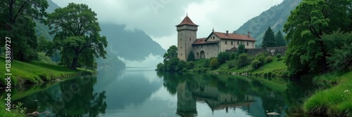 Riflesso d'acqua sul castello dopo la pioggia, natura, mura