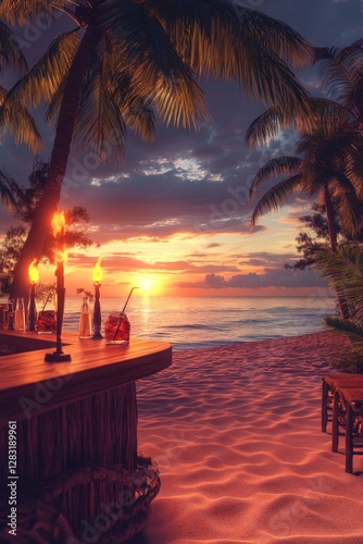 A tropical beach bar scene at sunset with drinks on the counter and tiki torches lighting up the golden sands,