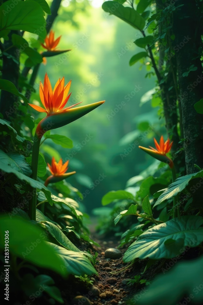Fototapeta premium Bright orange colors bursting through green foliage, tropical, exotic