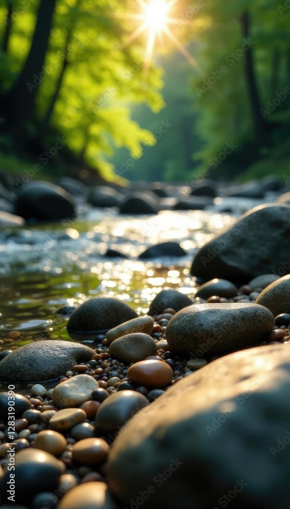 Obraz premium River rocks and pebbles in the foreground with sunlight, natural scenery, photographable scene, trees