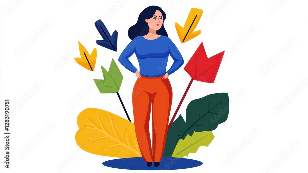 Resilient Woman Amidst Colorful Leaves and Arrows Resilient Woman Amidst Colorful Leaves and Arrows