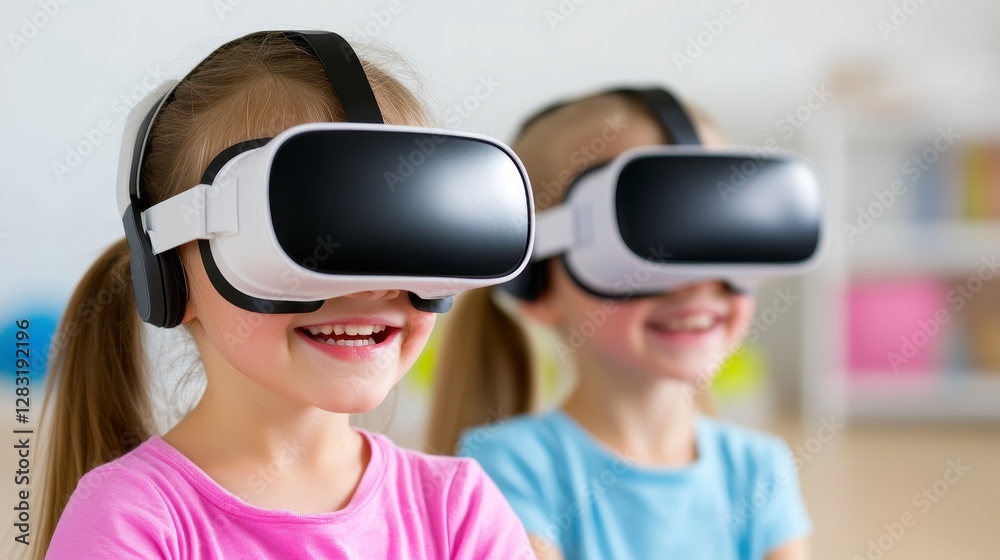 Smiling Girls Immersed in Virtual Reality Experience Smiling Girls Immersed in Virtual Reality Experience