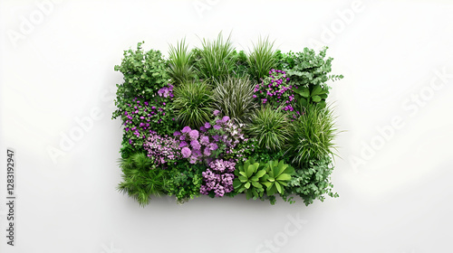 Rectangular Green Vertical Garden Against White Wall with Lush Foliage and Purple Flowers