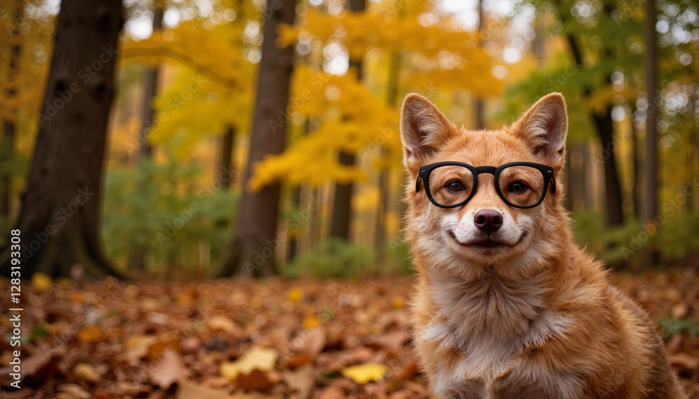 Stylish fox wearing glasses poses in autumn forest, charming portrait Stylish fox wearing glasses poses in autumn forest, charming portrait