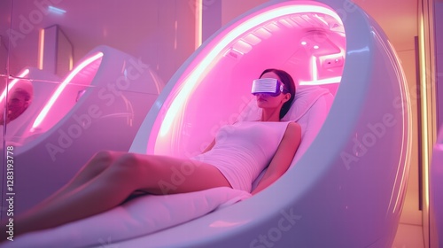 Immersive Wellness: A person lies in a futuristic spa pod wearing a VR headset, surrounded by a soft pink glow, hinting at a personalized journey into relaxation and technology.