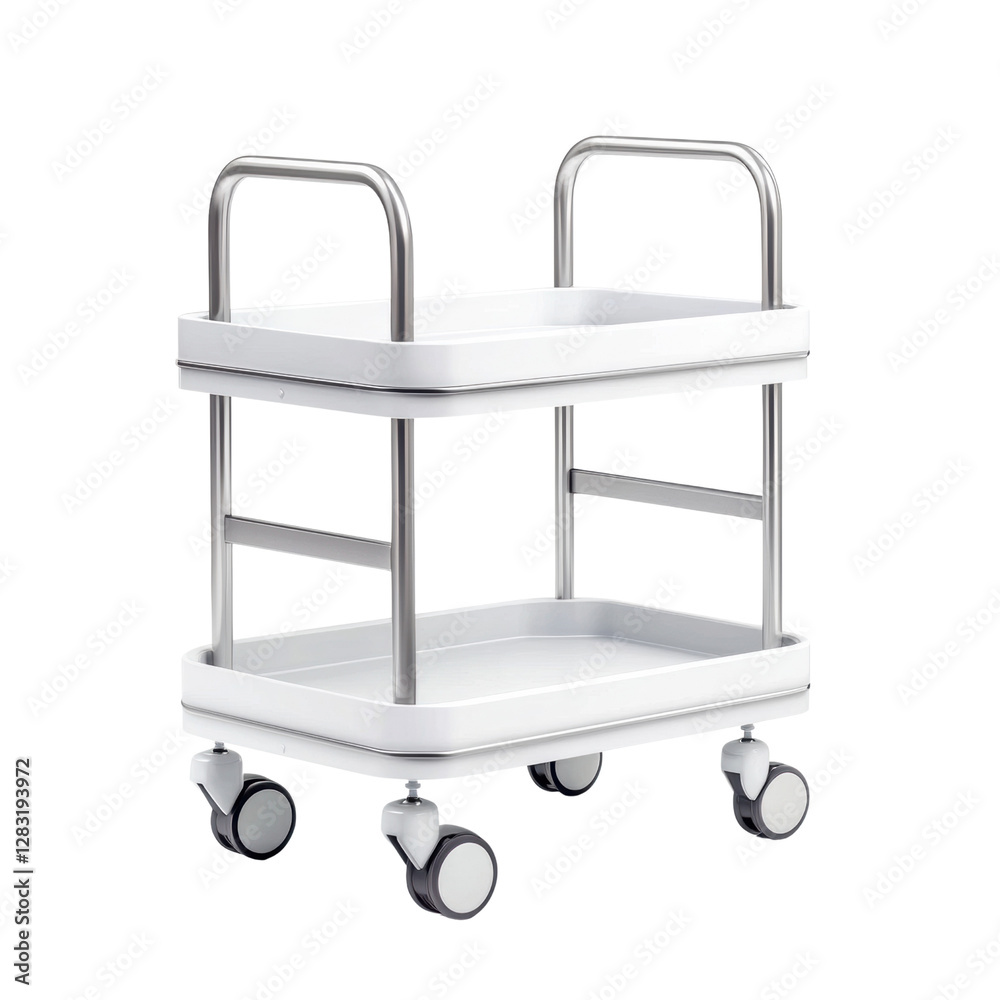 Modern white rolling cart with stainless steel handles Modern white rolling cart with stainless steel handles
