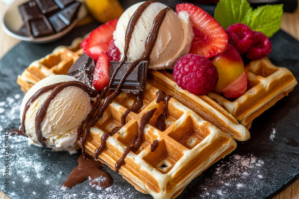 Hot waffles with fruits, chocolate and ice cream in a street coffee shop Hot waffles with fruits, chocolate and ice cream in a street coffee shop