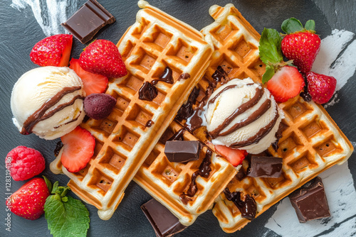 Hot waffles with fruits, chocolate and ice cream in a street coffee shop photo