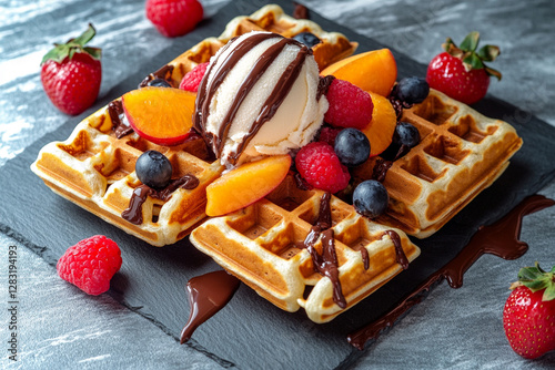 Hot waffles with fruits, chocolate and ice cream in a street coffee shop photo