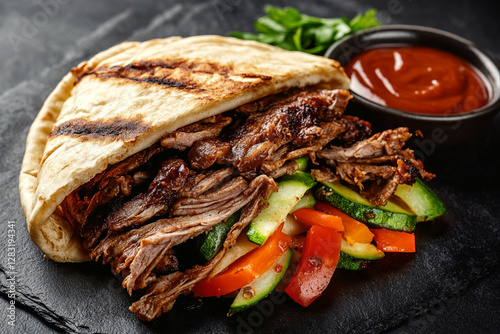 Juicy shawarma in pita bread with vegetables and sauce on a dark background photo