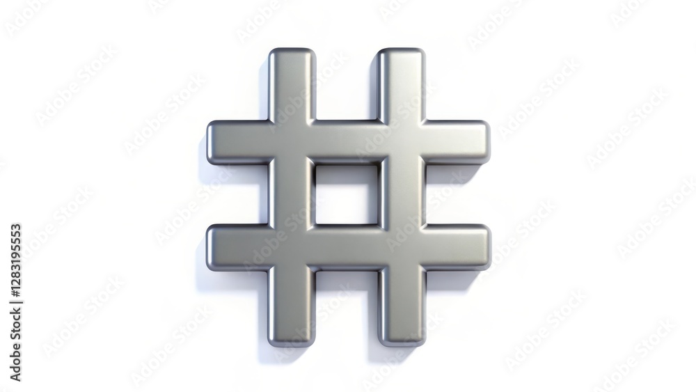 Obraz premium 3D Hashtag Symbol, Silver, White Background