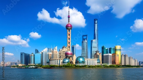 Vibrant Shanghai Skyline Featuring Iconic Pearl Tower and Modern Skyscrapers Under Blue Sky
