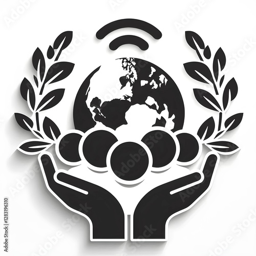 A black and white symbolic illustration featuring hands holding a globe with people icons, olive branches, and a wireless signal. Represents global unity, communication, and peace.