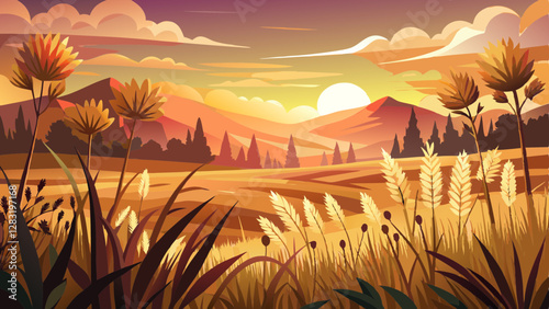 Abstract warm landscape of dry wildflower and grass meadow on warm golden hour sunset or sunrise time. Tranquil autumn fall nature field background. Soft golden hour sunlight panoramic 
