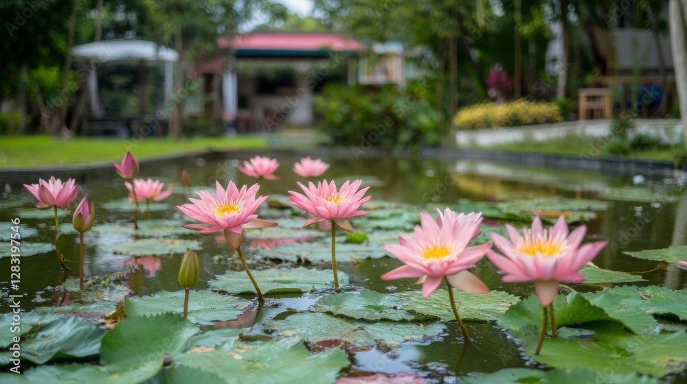 Pink Water Lilies in a Tranquil Garden Pond Pink Water Lilies in a Tranquil Garden Pond