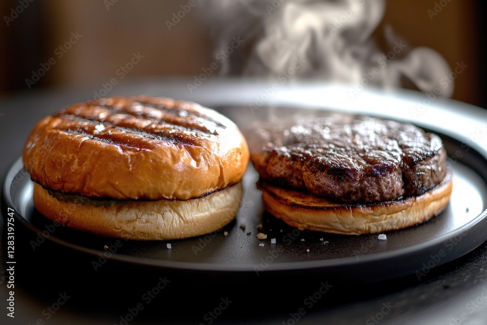A plate with two hamburgers and smoke rising from the top, often used in food, restaurant, or BBQ-related content A plate with two hamburgers and smoke rising from the top, often used in food, restaurant, or BBQ-related content