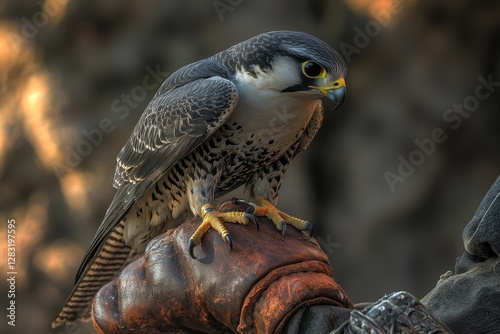 A bird of prey perches on the palm of a gloved hand