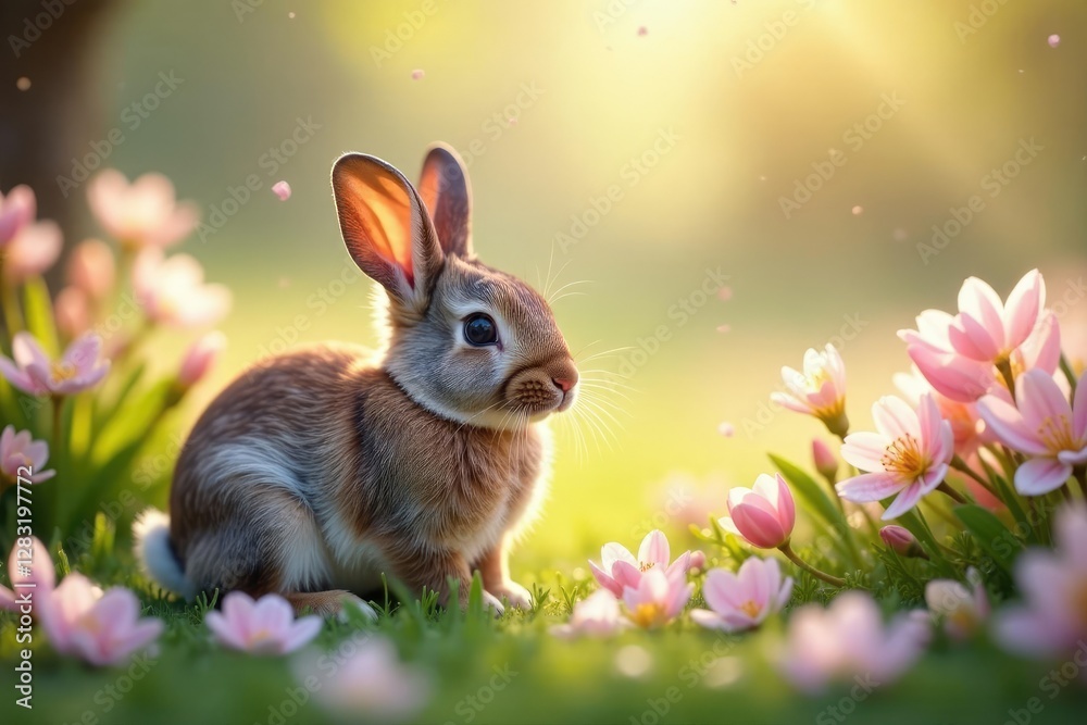 Soft morning light shines on a peaceful bunny resting among the blossoming flowers, bunny, petals, calm Soft morning light shines on a peaceful bunny resting among the blossoming flowers, bunny, petals, calm