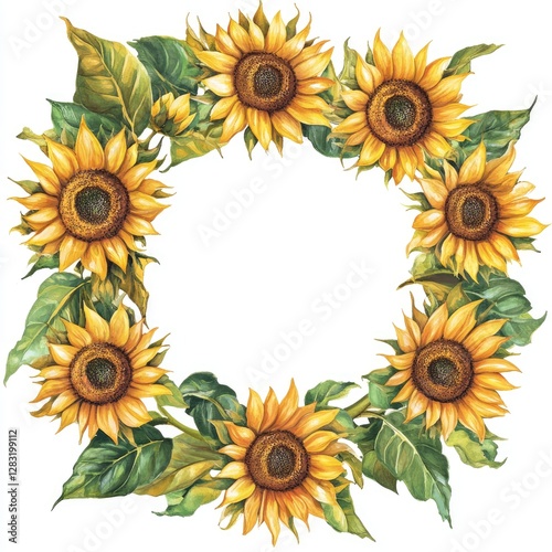 Watercolor sunflower wreath frame, blank center, botanical design