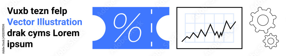 Ticket with percent sign, line graph, two gears for process optimization, growth, and savings. Ideal for marketing, sales, analytics, finance business strategy e-commerce promotions abstract line Ticket with percent sign, line graph, two gears for process optimization, growth, and savings. Ideal for marketing, sales, analytics, finance business strategy e-commerce promotions abstract line