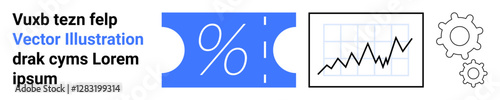 Ticket with percent sign, line graph, two gears for process optimization, growth, and savings. Ideal for marketing, sales, analytics, finance business strategy e-commerce promotions abstract line