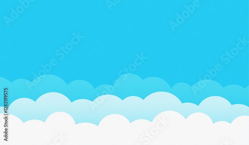 Adorable white cartoon clouds floating in a vibrant blue summer sky, grain texture – vector background illustration