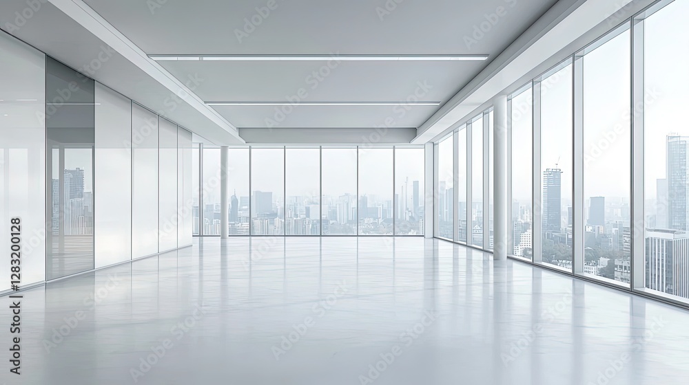 Modern open space white office with city view Modern open space white office with city view