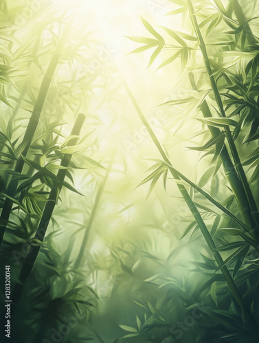 A bamboo forest with sunlight streaming through the bamboo