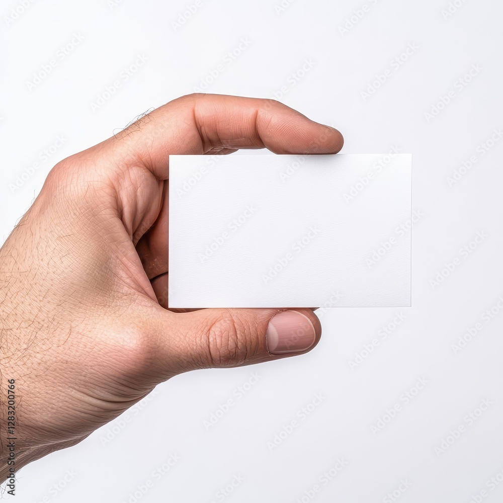 Obraz premium Closeup of a single hand holding a blank white business card in bright light