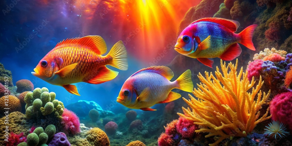 Fototapeta premium Vibrant Reef Scene Featuring Three Colorful Fish Swimming Amongst Lush Coral and Brightly Colored Sea Anemones