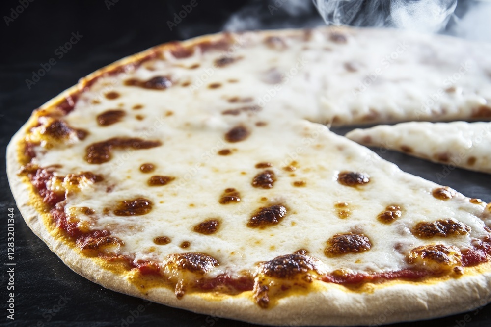 A close-up view of a delicious-looking pizza with one slice removed, perfect for commercial use such as food advertising or editorial features A close-up view of a delicious-looking pizza with one slice removed, perfect for commercial use such as food advertising or editorial features