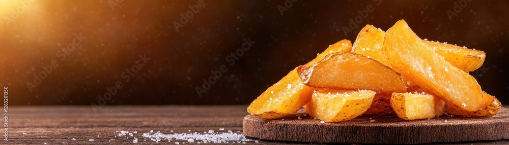 A generous pile of crispy fried fries artfully arranged on a rustic wooden board A generous pile of crispy fried fries artfully arranged on a rustic wooden board