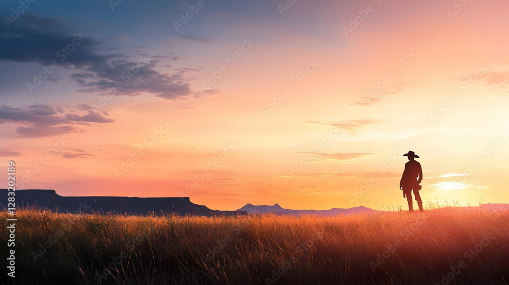 Silhouette Figure Standing in a Field at Sunset Against a Dramatic Orange and Gold Sky Silhouette Figure Standing in a Field at Sunset Against a Dramatic Orange and Gold Sky