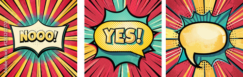 Set of vivid empty square comic book speech bubble, Yes and No bold text on retro pop art background,  for advertising, marketing, promotions and dynamic social media post communications