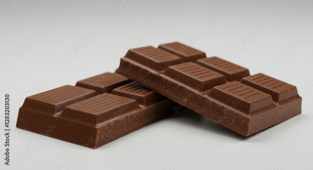 Two stacked milk chocolate bars close-up on a neutral surface Two stacked milk chocolate bars close-up on a neutral surface