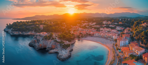 Breathtaking aerial panorama of Santa Ponsa in Mallorca with a stunning sunset over the coastal town