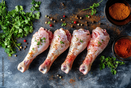 Fresh chicken legs in motion with scattered spices and herbs photo