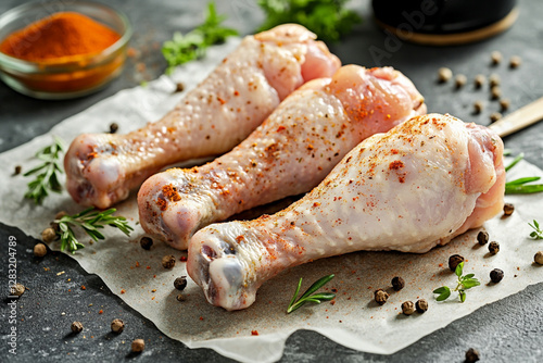 Fresh chicken legs in motion with scattered spices and herbs photo